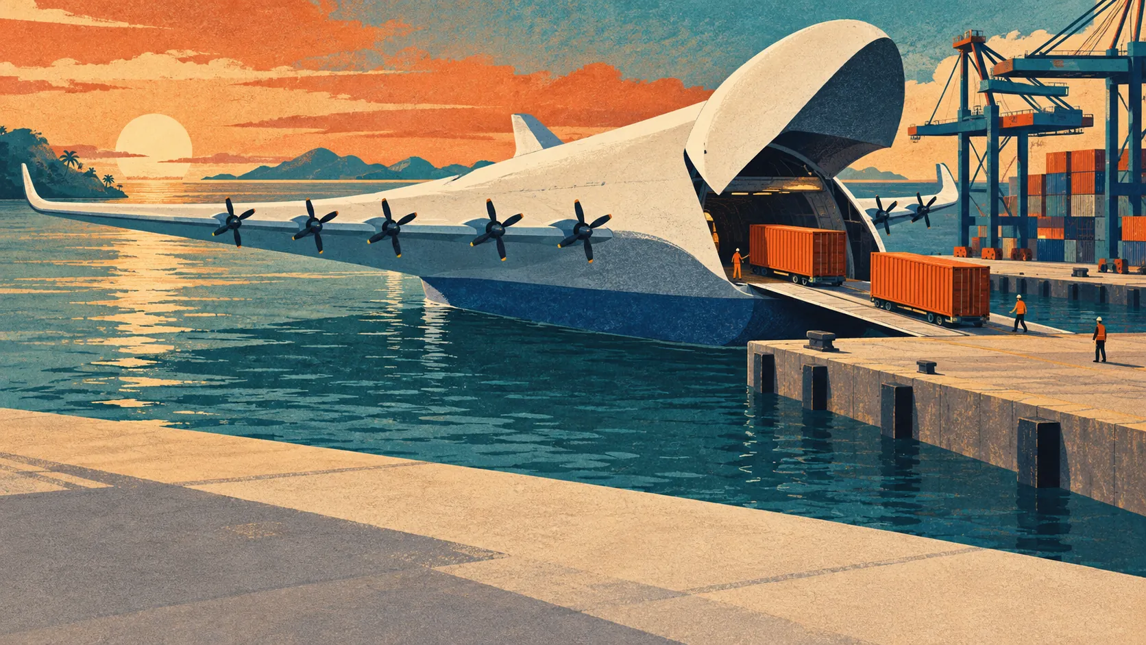 Poster illustration of a large Waterfly craft at a port jetty, nose open, shipping containers rolling in