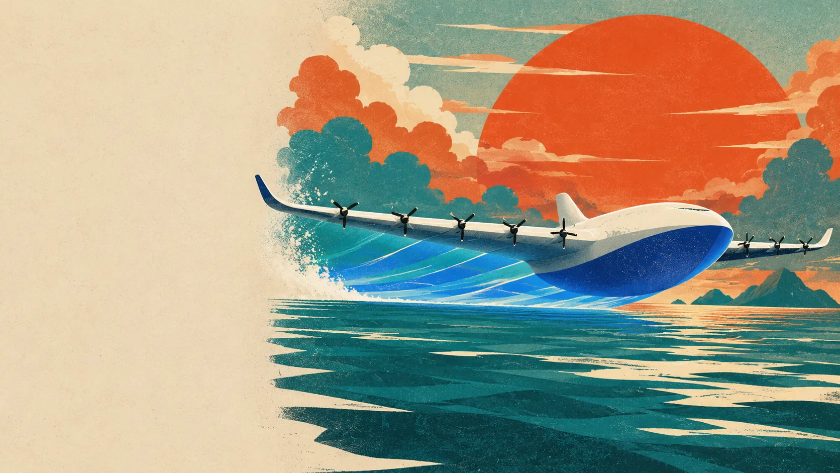 Poster illustration of the craft skimming the sea, the cushion of air under its wing drawn as glowing blue streamlines