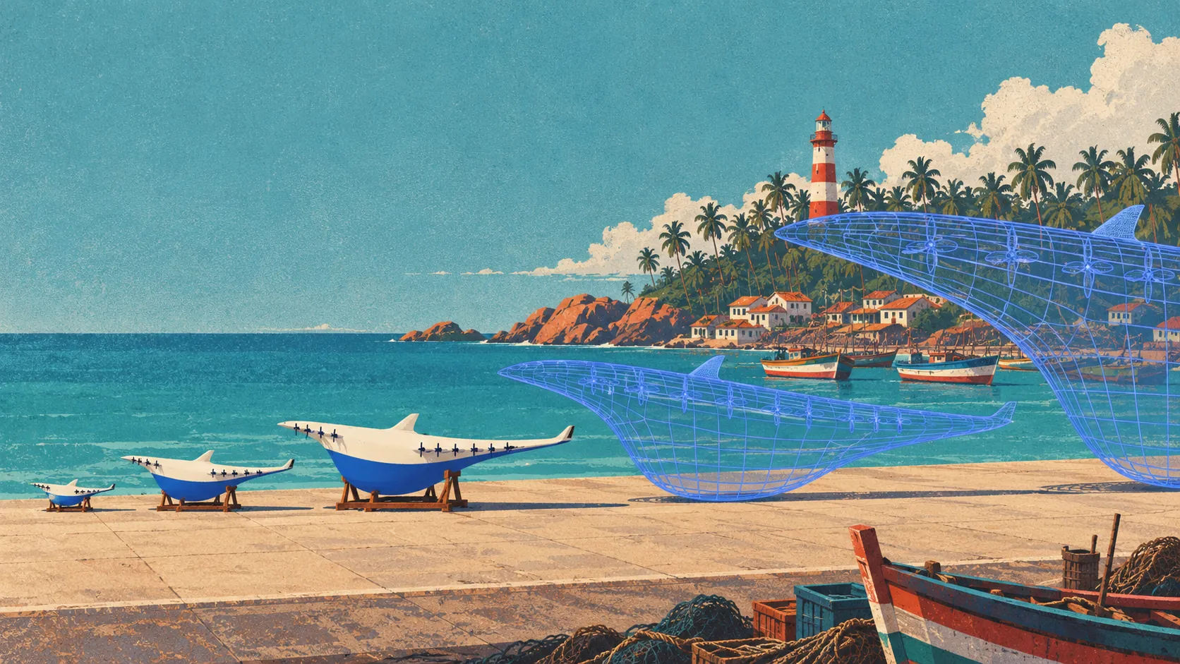 Poster illustration of five Waterfly craft on a seaside slipway, each ten times bigger than the last; the two largest drawn as glowing blue wireframes
