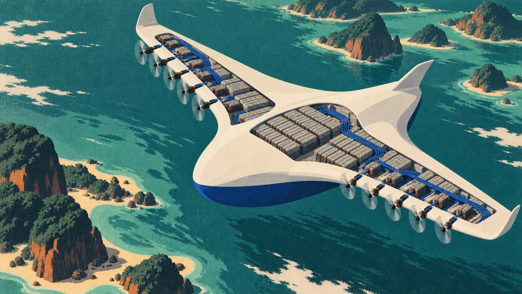 Cutaway poster illustration of the craft showing battery packs in the wing and body wired to electric motors and propellers